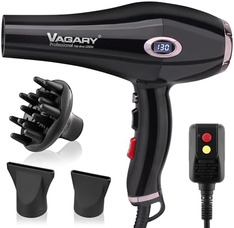 VAGARY Professional Salon 2200W Blower Dryer with Diffuser Concentrator Nozzles,Negative Ionic Blow Dryer,Low Noise Hair Dryers,2 Speeds and 2 Heat Settings 1 Cool Shot Button by VAGARY
