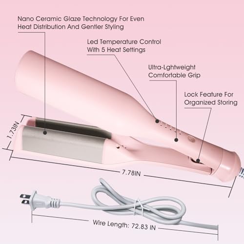 Beach Wave Curling Iron Deep Waver Hair Tool, Mermaid Hair Waver for Women Crimper, Anti-Scald, Dual Voltage, 1.4 Inch Ceramic Double Barrel Wavy Curling Iron, Pink - Image 6