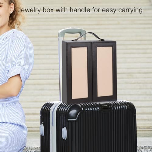 DesignSter Jewelry Box for Women, Jewelry Storage with Mirror, Travel Jewelry Organizer with Handle for Stud Earrings, Rings, Necklaces, Bracelets(Black Brown & Apricot) - Image 7