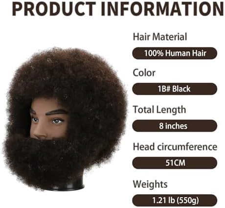Afro Kinky Curly Human Hair Mannequin Head with Beard - 100% Real Hair for Braiding Practice, Cornrow, Styling, Cutting & Coloring - Professional Cosmetology Training Head for Salon & Student - Image 3