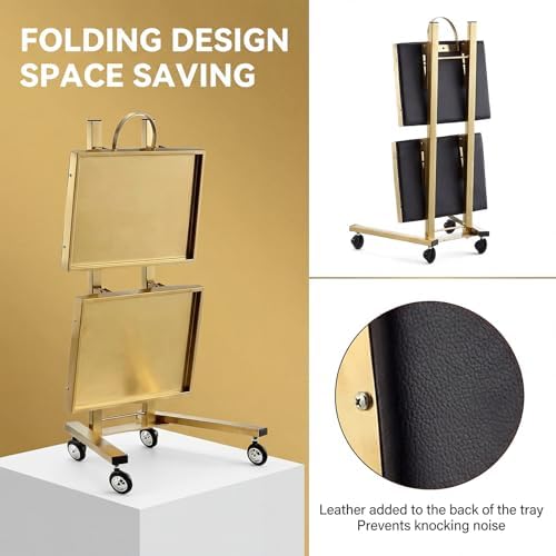 2-Tier Metal Rolling Cart – 34-Inch Folding Stainless Steel Salon Tray on Wheels, Utility Storage Trolley for Estheticians, Salon Studios and Shops, Dental Tools, Gold - Image 7