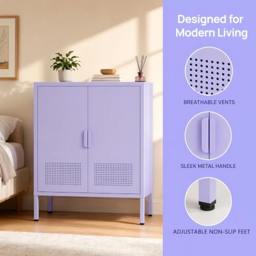 Purple Metal Accent Cabinet, 33" H Industrial 2-Door Steel Sideboard with 2 Adjustable Shelves, Ventilated Freestanding Storage Organizer for Living Room, Bedroom - Image 4
