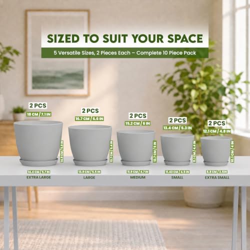 Plant Pots Indoor with Drainage, 10 Pack Multi-Size Planters Set, Grey - Image 4