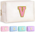 TOPEAST Initial Makeup Bags for Women, Personalized Portable Cosmetic Bag for Travel, Cute Makeup Pouch, PU Leather Waterproof Toiletry Bag, Preppy Things for Girl (Pearly White V) by TOPEAST