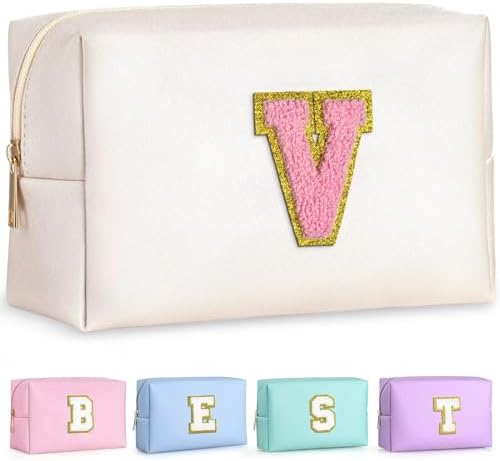 TOPEAST Initial Makeup Bags for Women, Personalized Portable Cosmetic Bag for Travel, Cute Makeup Pouch, PU Leather Waterproof Toiletry Bag, Preppy Things for Girl (Pearly White V) by TOPEAST
