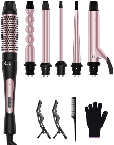 6 in 1 Curling Iron, Curling Wand Set with Thermal Brush (1.5inch) & 1inch Bubble Wand Curler and 3 Interchangeable Ceramic Barrel (0.35"-1.25"), Instant Heat Up with Comb & Protective Glove & 2 Clip by Karrong