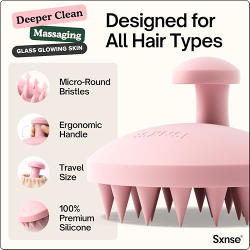 SXNSE Revive Silicone Scalp Massager - Manual Scalp Scrubber & Exfoliator Brush for Dandruff, Buildup & Itch - Scalp Shampoo Brush for Wet & Dry Hair with Soft Bristles and Easy-Grip Handle, Rose - Image 2