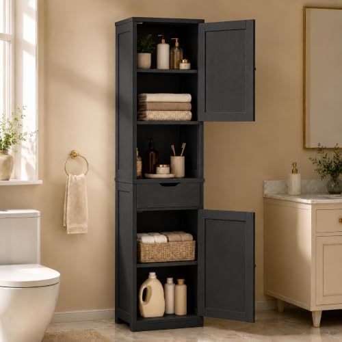 Walsunny Tall Bathroom Storage Cabinet with 6 Adjustable Shelves, Black by Walsunny