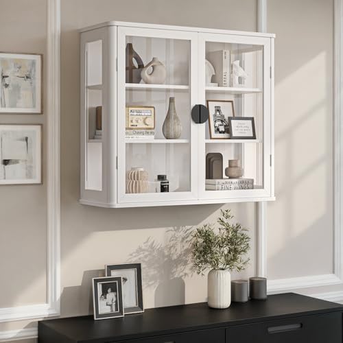 FIMELLO 28’’W Wall Cabinet with Tempered Glass Doors, Bathroom Cabinet Wall Mount, Kitchen Wall Cabinet, Floating Cabinet for Bathroom, Wall Mount Salon Station for Barber, Beauty, White by FimelloHome