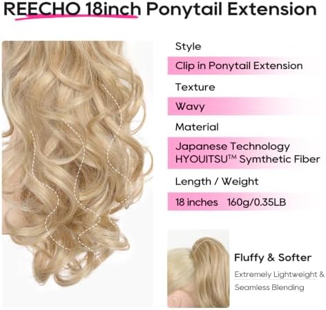REECHO Ponytail Extension, 18" Clip in Ponytail Hair Extensions for Women, Short Wavy Synthetic Pony Tail Hairpiece for Daily Wear-Medium Blonde with Pale Highlights - Image 2