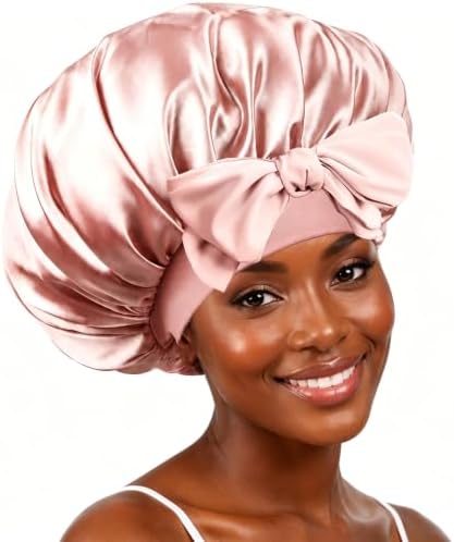 Silk Bonnet for Women, Satin Bonnet for Sleeping, Large Sleep Cap with Elastic Tie Band for Curly Hair, Blush Pink by Unknown