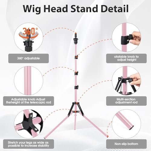 TopDirect 65 Inch Pink Mannequin Head Stand,Portable Adjustable Wig Stand Tripod,Mannequin Wig Head Stand Suitable for Beauty Schools,Barber Training,DIY Styling Design - Image 5