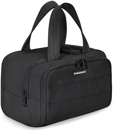 BAGSMART Travel Toiletry Bag, Lightweight Large Wide-open Travel Bag for Women, Puffy Cosmetic Makeup Bag Organizer with Handle for Accessories,Essentials, Toiletries, Black by BAGSMART