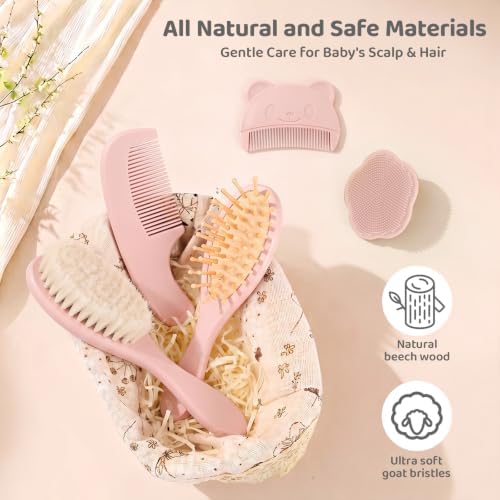 5 Piece Baby Hair Brush Set, Wooden Baby Brush and Comb Set with Natural Soft Goat Hair Bristles, Cradle Cap Brush, Baby Essentials Grooming Kit for Boy Girl - Image 6
