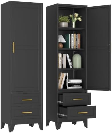 67" Tall Narrow Metal Storage Cabinet, Freestanding Pantry Organizer, Black by pozdeg