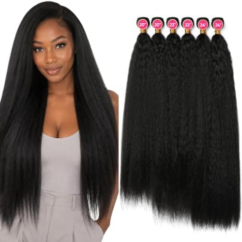 REECHO Yaki Straight Hair Bundles, 6PCS Super Protein Fiber Kinky Straight Quick Weave Bundles 20 22 24 Inch Full Head Synthetic Hair Extensions for Women - Jet Black by REECHO