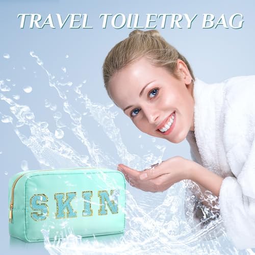 Remerry 4 Pcs Nylon Makeup Bags Waterproof Spacious Travel Cosmetic Bag for Women Chenille Letter Preppy Zipper Pouch Face Stuff Skin Hair Organizer Gift(Blue Green Colors) - Image 4