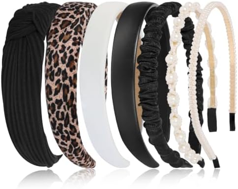 7 Pcs Headbands for Women Girls, Non Slip Cute Pearl Floral Padded Vintage Wide Fashion Multi-style Headbands for Girls (Leopard A) by Unknown