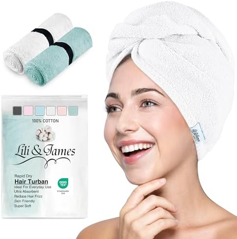 Lili&James 100% Cotton Hair Towel Wrap for Women & Kids – 420 GSM Quick Dry Hair Turban with Double Button Loop, Anti Frizz Non Microfiber Hair Drying Towel for Curly, Long & Thick Hair (White+Aqua) by LiliJames