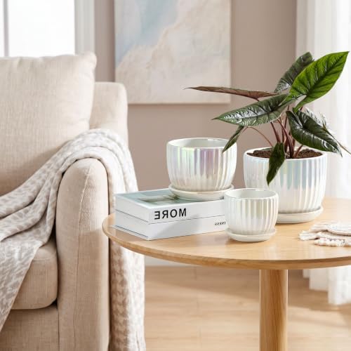 Plant Pots,Ceramic Flower Pots with Drainage Holes & Saucer Set of 3（Pearl） - Image 7