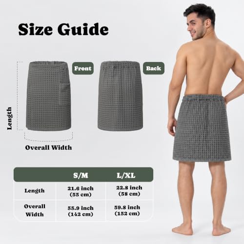Luxury Organic Japanese Cotton Waffle Body Towel Wrap for Men | Sauna, Spa, Onsen, Shower Towel with Adjustable Snap Closure and Pocket | Ultra Plush 450 GSM (Smoke, L/XL) - Image 6
