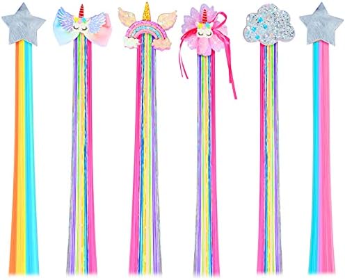 Little World Hair Clips for Girls, 6 Pcs Rainbow Hair Extensions, Unicorn Hair Clips for Girls Toddler Kids Ponytails, Hand-made Cute Glitter Hair Accessories by LittleWorld