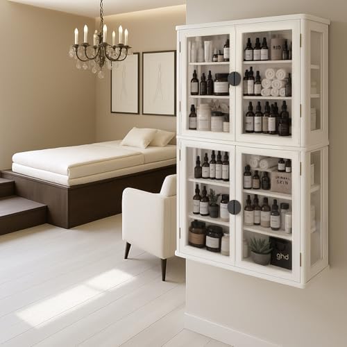 FIMELLO 56’’W Wall Cabinet with Tempered Glass Doors, Bathroom Cabinet Wall Mount, Kitchen Wall Cabinet, Floating Cabinet for Bathroom, Wall Mount Salon Station for Barber, Beauty, White - Image 6