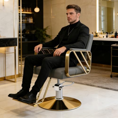 Hair Salon Chair Styling, Hydraulic Pump Barber Chair, 360° Swivel Beauty Barbering Chair for Hair Stylist Women Man, Adjustable Height Pro Stylist Chairs Beauty Salon Equipment (Gray,Gold) - Image 2