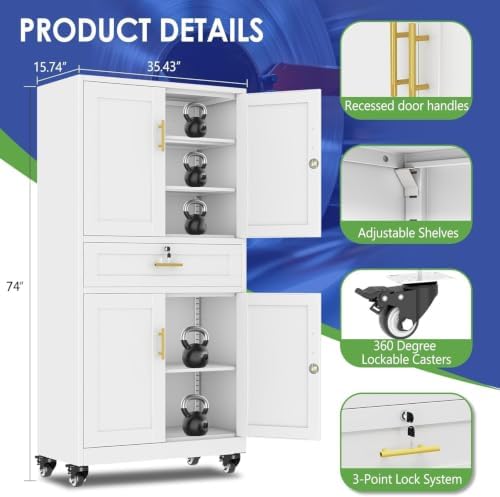 74" Metal Garage Storage Cabinet with Wheels and Locking Doors - Image 3