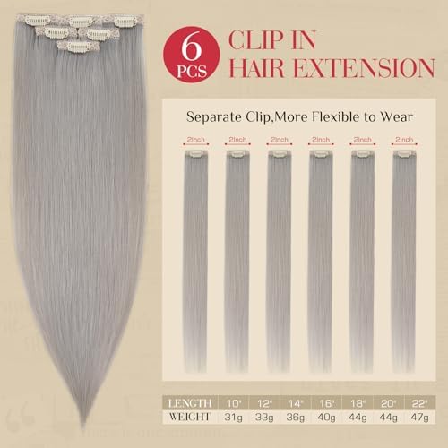 Rich Choices Real Human Hair Clip In Extensions-6 Pcs Single Clip Design-Invisible Clip in Extensions for Thin Hair-Hairpieces for Women/Men-14 Inches Grey-Halloween Hairs Decorations - Image 2
