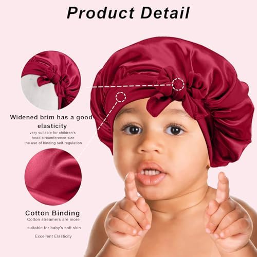 3 Pcs Kids Silk Bonnet for Sleeping-Baby Kids Satin Hair Bonnet for Curly Hair Girls Boys with Wide Elastic Band,Sleeping Cap for Teens Toddler (Wine Red+Black+Blush Pink) - Image 3