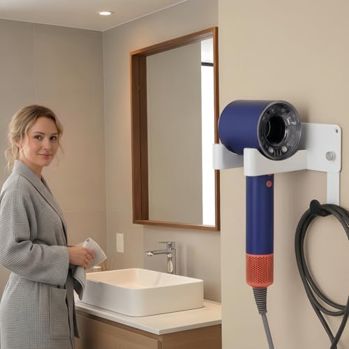 Dyson Hair Dryer Holder, Blow Dryer Holder Self Adhesive Hair Dryer Holder Wall Mounted Aluminum Hair Tool Organizer Blow Dryer Holder for Bathroom White CHOCHYAH - Image 7