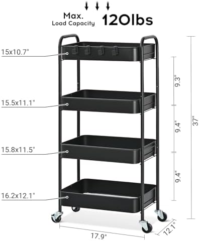 TOOLF 4 Tier Metal Rolling Cart, Utility Storage Cart with Wheels, Black - Image 2