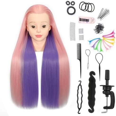 26"-28" Mannequin Head Styling Mannequin Head for Hair Styling and Free Table Stand Training Head Manikin Cosmetology Doll Head with Long Fiber Hair Hairdresser Practice Head for Stylist (Pink purple) by headdoll
