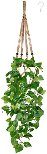 Mkono Fake Hanging Plant, Macrame Hanger with Pothos Vines & Pot, Brown by Mkono