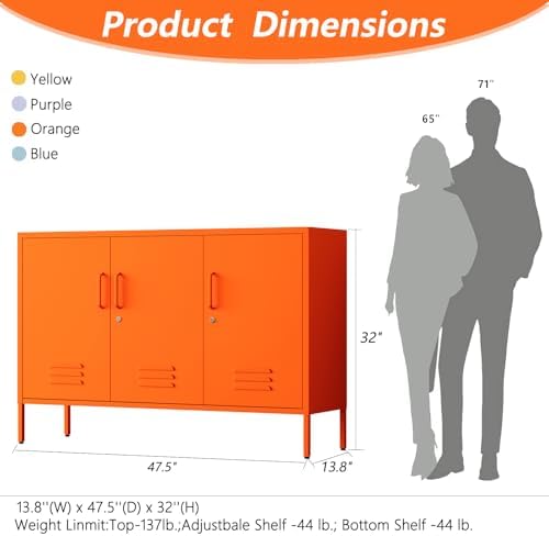 32" Orange 3 Door Lockable Metal Cabinet, Freestanding Multipurpose Heavy Duty Storage Locker with Adjustable Shelves for Home Office Kitchen Living Room Bedroom - Image 3