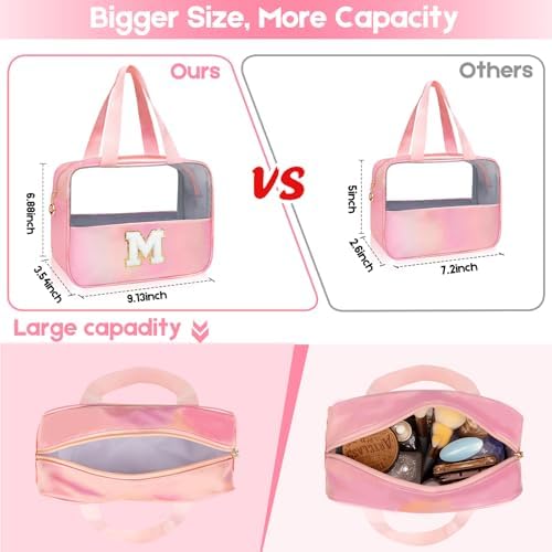 Personalized Initial Clear Makeup Bag Pink Cosmetic Bag Set Large Travel Toiletry Bag, Cute Clear Make Up Bags Organizer Bag for Girlfriend Teacher Gifts Teen Girl Gifts Trendy Stuff L (Pink) - Image 2