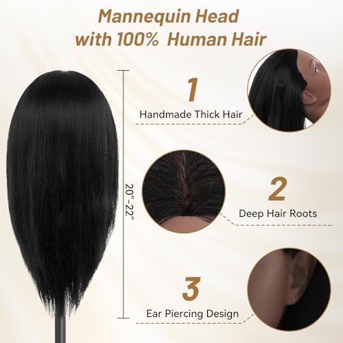 100% Human Hair Mannequin Head 20"-22" with 30" Tripod Stand, Cosmetology Manikin Doll Head Real Human Hair for Braiding Hairdresser Practice Styling - Image 2
