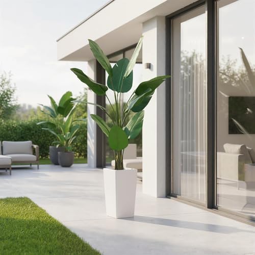 Garvee 4.8FT Artificial Banana Tree, Fake Potted Tropical Tree, Decorative Evergreen Tropical Plant with White Tall Planter for Living Room Entryway Porch Office - Image 4