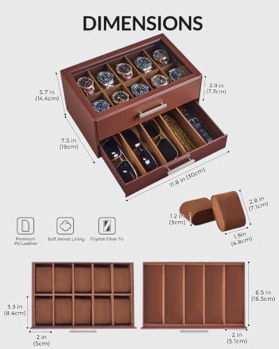ProCase 10-Slot Watch Case for Men, 2-Tier Pull-Out Drawer Sunglasses Box - Image 6