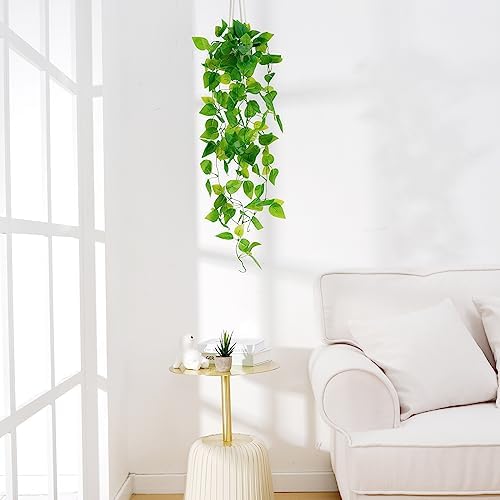 BLEUM CADE 1pcs Fake Hanging Plants Kit with Pot and Plant Hanger, Artificial Pothos Vines Hanging Potted Plant Greenery for Home Living Room Indoor Outdoor Decor - Image 4
