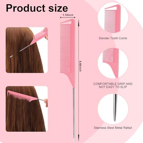 6 PCS Rat Tail Hair Parting Combs - Steel Pin Rat Tail Teasing Fine Tooth Comb Set for Women,Rattail Styling Metal Comb with Stainless Steel Pintail,Carbon Heat Resistant Comb for Curly Braiding Hair - Image 2