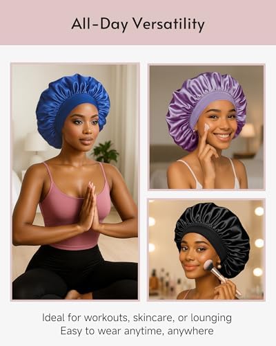 Yanideer 3 Pcs Satin Bonnet for Sleeping Double Layer Hair Bonnets for Women with Elastic Band - Image 5