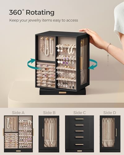SONGMICS Jewelry Box Organizer, 360° Rotating, 5 Drawers, Ink Black - Image 3