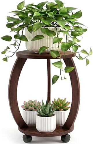 2 Tier Wooden Plant Stand Indoor with Wheels – Tall Plant Stand for 6-12 Inch Pots, Mid-Century Modern Rustic Plant Table Indoor, Pedestal Stand for Corner, Living Room, Balcony, Dark Brown by Unknown