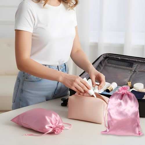 6Pcs Wig Bags with Satin Drawstring, Pink Silk Hair Storage Bags - Image 4