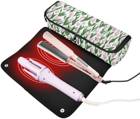 Hair Tools Travel Bag with Heat Resistant Mat 2-in-1 Hot Tools Travel Bag Organizer Flat Curling Iron Travel Case for Straightener Small Tulips Pink - Image 2