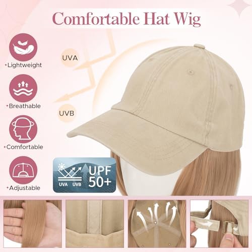 SEGO Unisex Vintage Baseball Cap with Hair Extensions for Women Synthetic Hair Attached Short Straight Hairpiece Khaki Baseball Cap Wig Adjustable Hat Wigs for Women 6 Inch 18A Light Blonde - Image 2