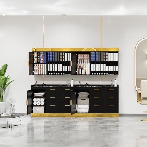 OmySalon Salon Stations for Hair Stylist, Barber Color Bar, Storage Cabinet with Adjustable Shelves, Wall Mounted Hair Dye Tubes Organizer Display for Barbershop, Black - Image 2