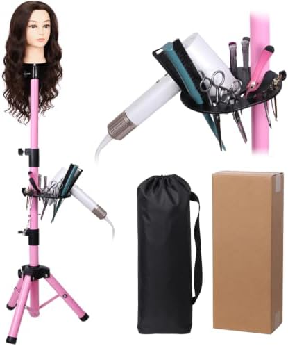 ZQIAN BEAUTY 55 Inch Heavy-duty Wig Head Stand, Adjustable Metal Mannequin Head Stand Tripod For Hairdressing Training Head, Wig Stand Tripod with Tool Tray (Pink, Mannequin Head Not Included) by ZQIANBEAUTY